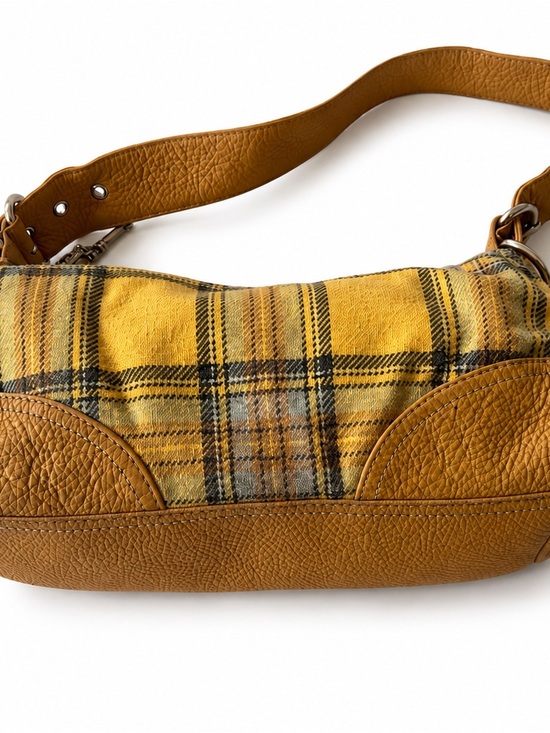 Fossil Handbags - vintage Fossil shoulder yellow plaid pattern Leather Trim Tartan Baguette purse